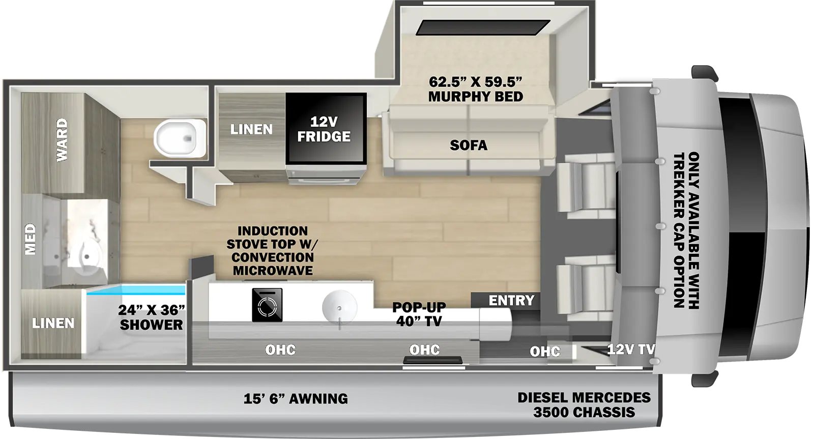 The Solera 24FSM floorplan has one entry and one slide out. Exterior features include: 15'6" awning. Interiors features include: murphy bed, rear bathroom and bunk over cab.